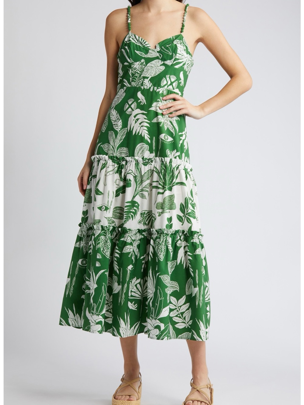 Farm Rio forest soul mix midi dress tiered 100% cotton lining modal